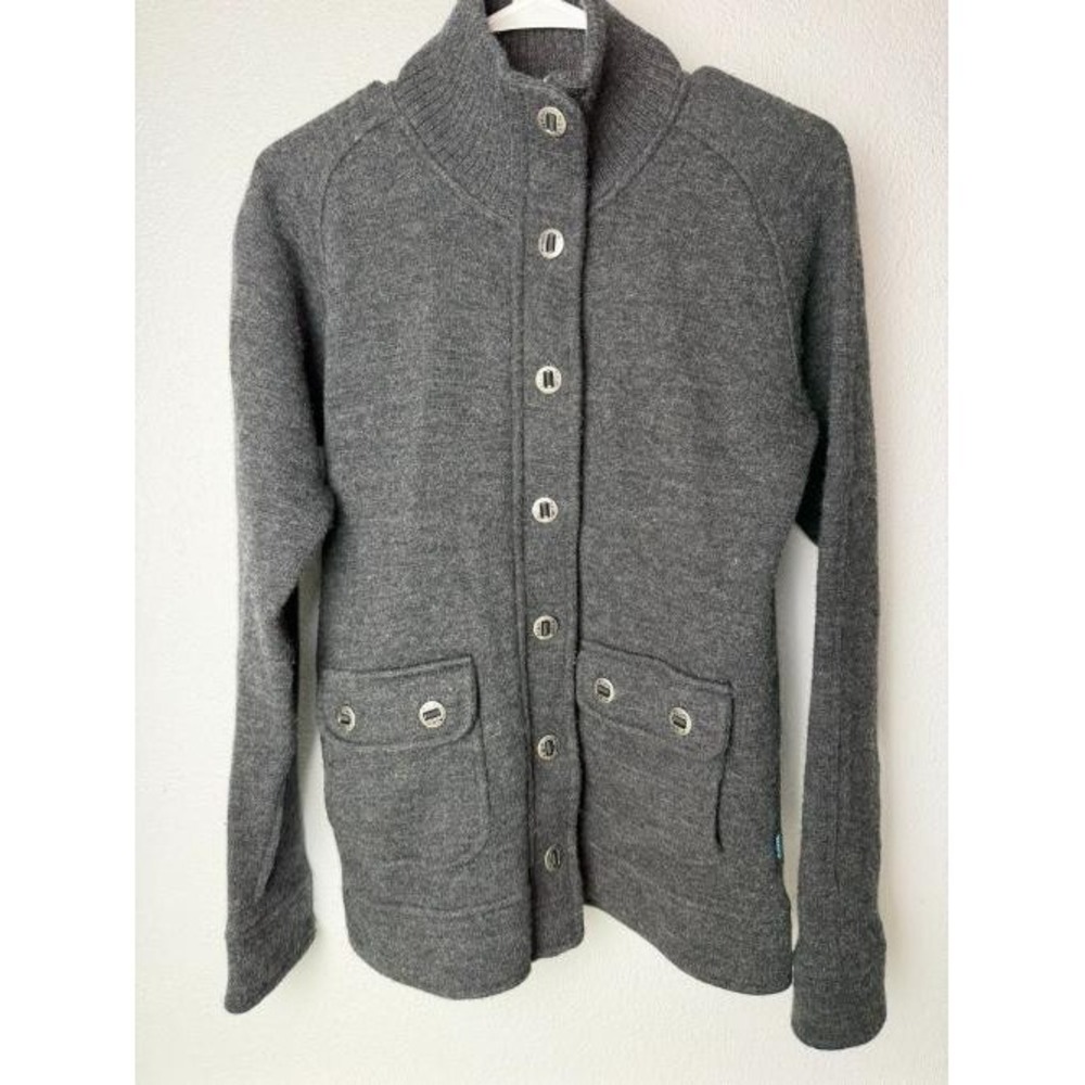 Kuhl Sweater Jacket Womens Medium Gray Mock Neck Button Front Wool Blend Hiking